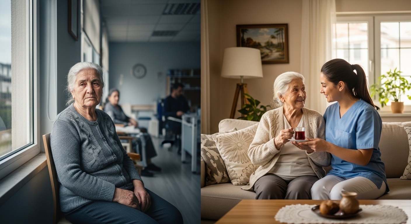 İstanbul'da huzurevi ile evde yaşlı bakımı hizmetleri arasındaki farkı gösteren karşılaştırmalı görsel